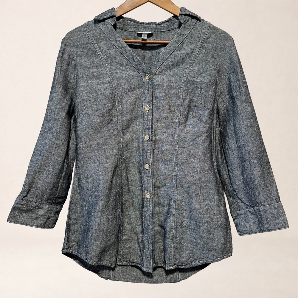 HARVE BENARD Linen Cotton Chambray Button Up Coastal Minimalist Blouse
